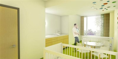 Ein zukünftiges Patientenzimmer im F-Trakt des Kinderkrankenhauses Amsterdamer Straße, ©Kliniken der Stadt Köln, Sylvia Leydecker 